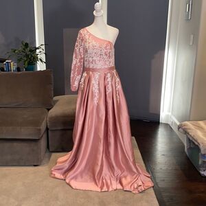 Women’s Dusty Pink One Shoulder Full Length Prom Party Dress Size M **READ**